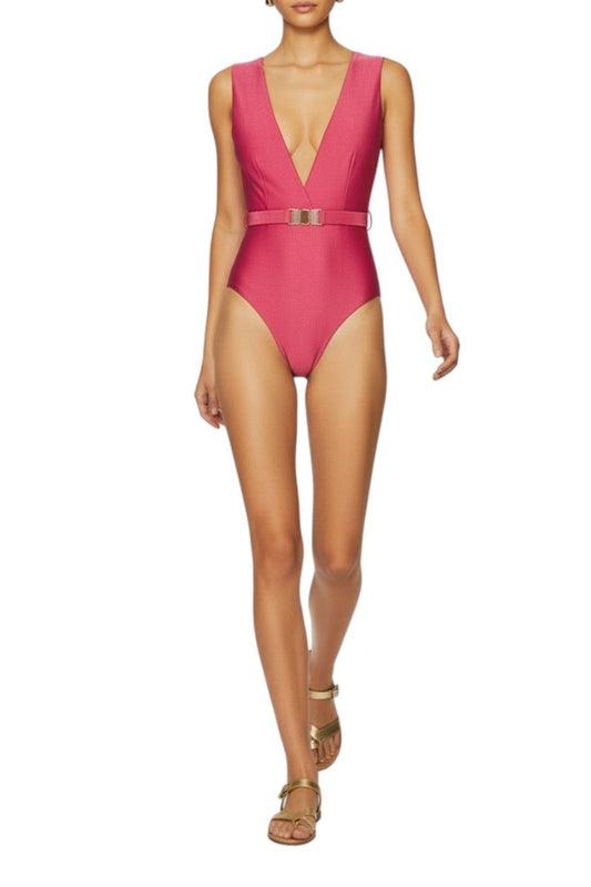 Zimmermann Wanderlust Belted Plunge One Piece |Deep Rose/Pink, V Neck, Open Back