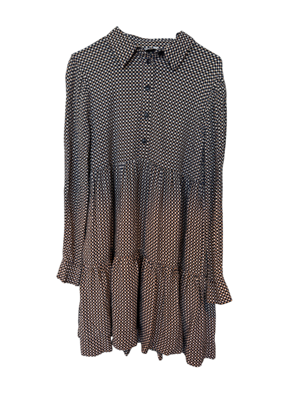 GANNI Relaxed Shift Mini Dress | Checkered, Collar, Button Placket, Cuffs, Flare