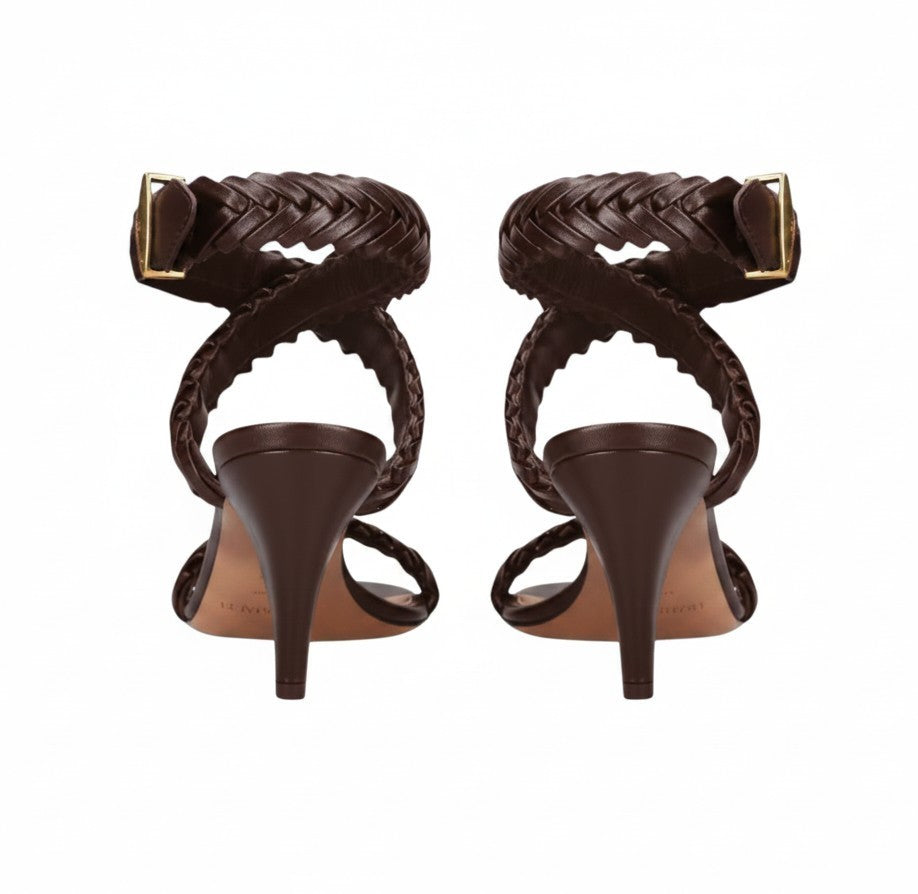 Zimmermann Helix Sandal 75 | Choc Brown,Leather, Braided, Stiletto, Ankle Strap