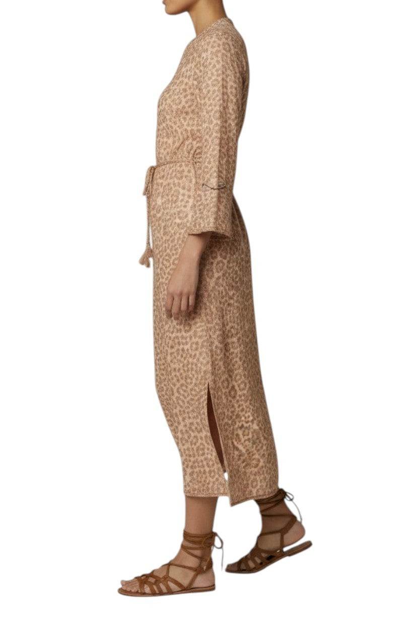 Zimmermann Awaken Braid Trim Midi Dress | Tan Leopard, Linen, Belt, Side Slits