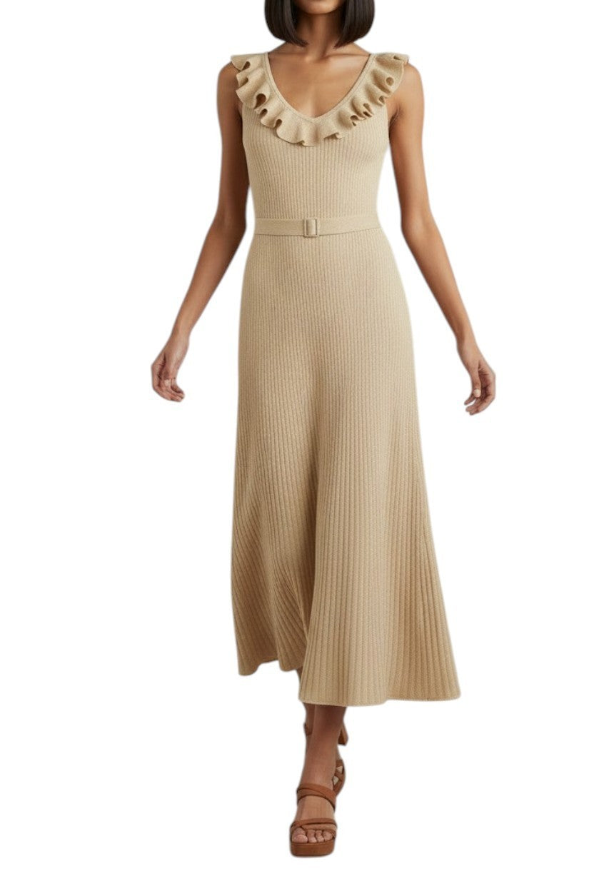 Zimmermann Awaken Metallic Midi Dress| Gold/Beige, Knitted, Midi, Belted, Lurex
