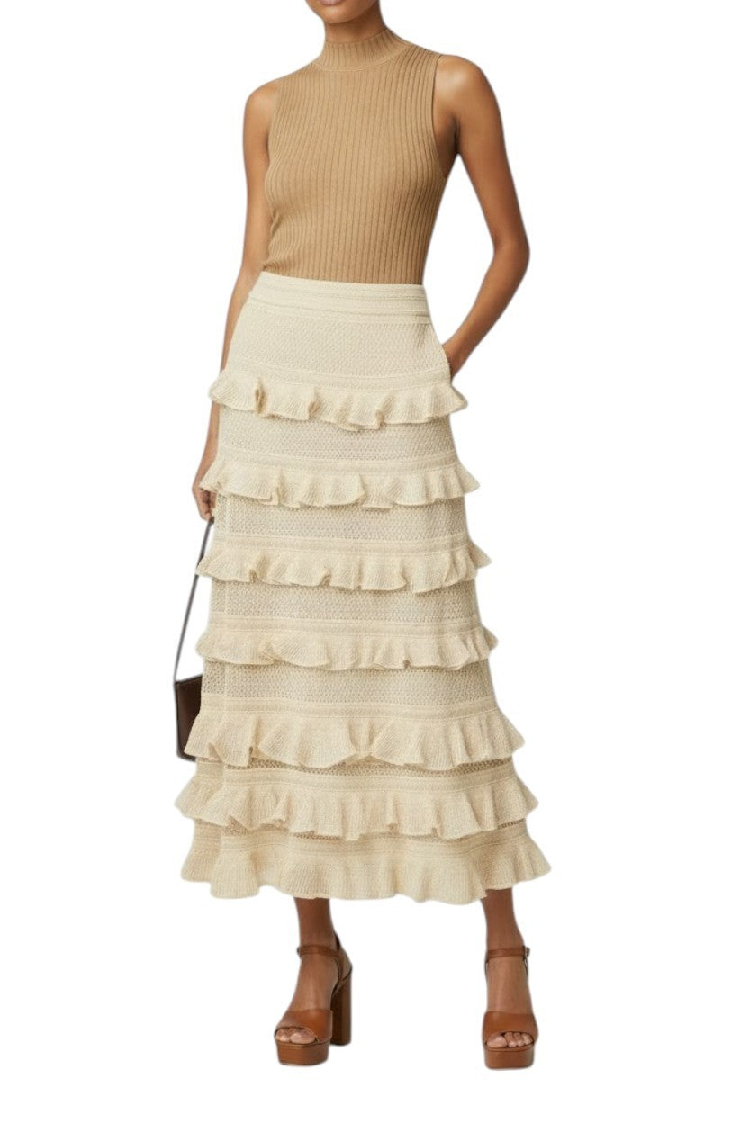 Zimmermann Hypnotic lace Midi Skirt | Midi, Metallic Gold, Tiered, Knit, Ruffle