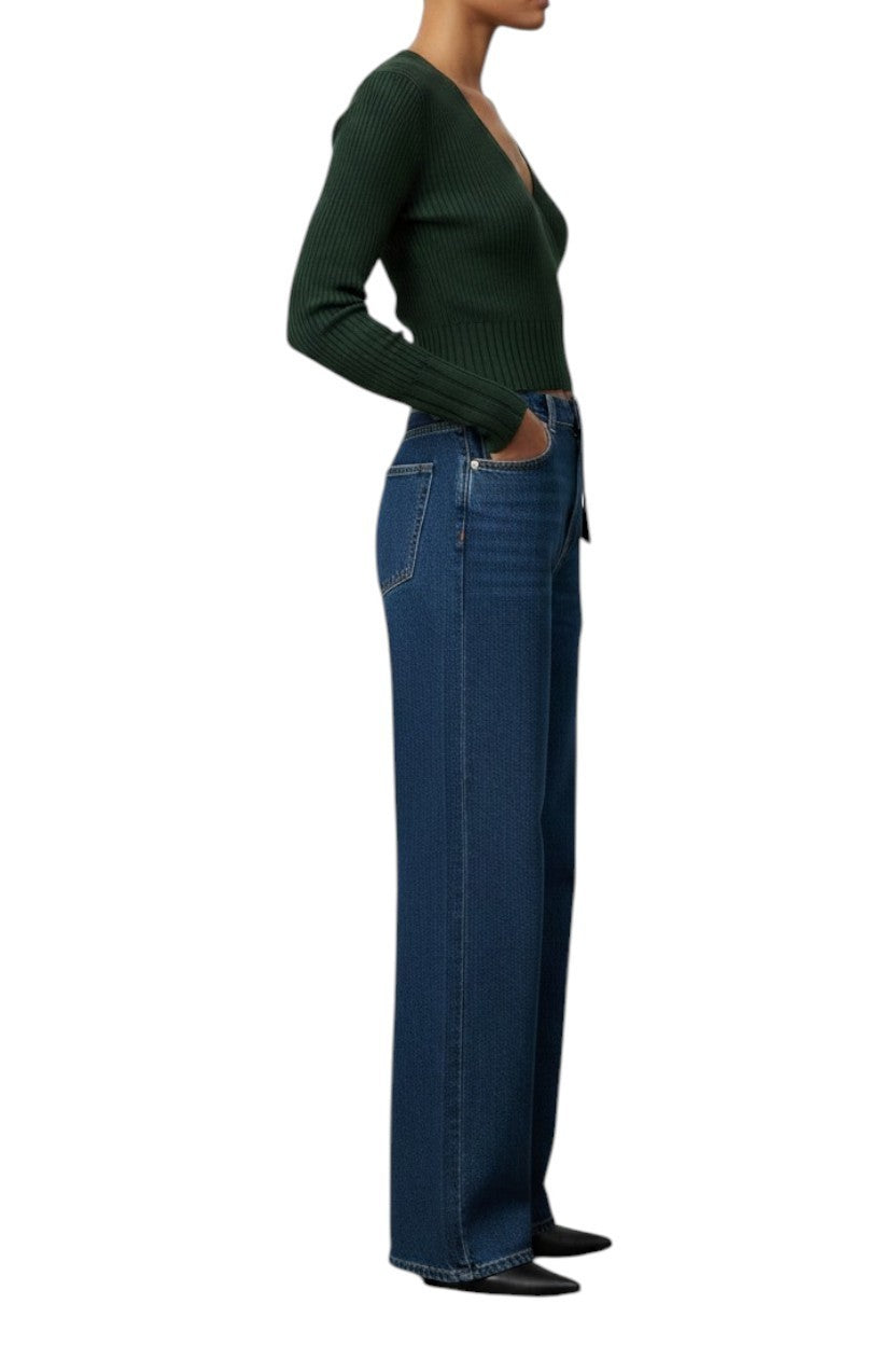 Zimmermann Ribbed Wrap Cardigan |Dark Green, Crop, Tie Close, V Neck