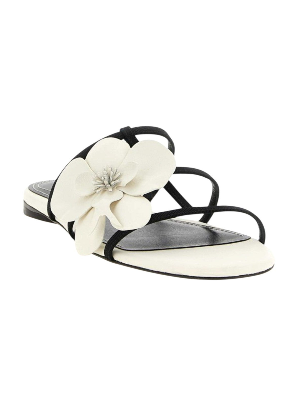 Zimmermann Orchid Slide Sandal | White/Black, Flats, Flower Applique, Leather