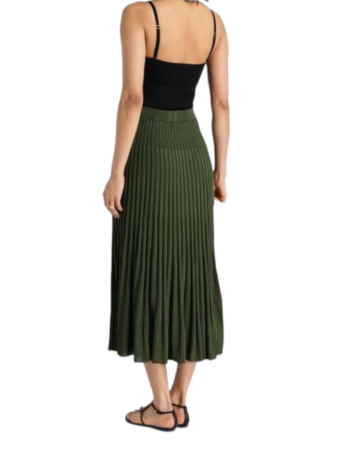 Zimmermann Pleated Rib Midi Skirt | Stretch, Knit, Dark Green, Elasticated Waist