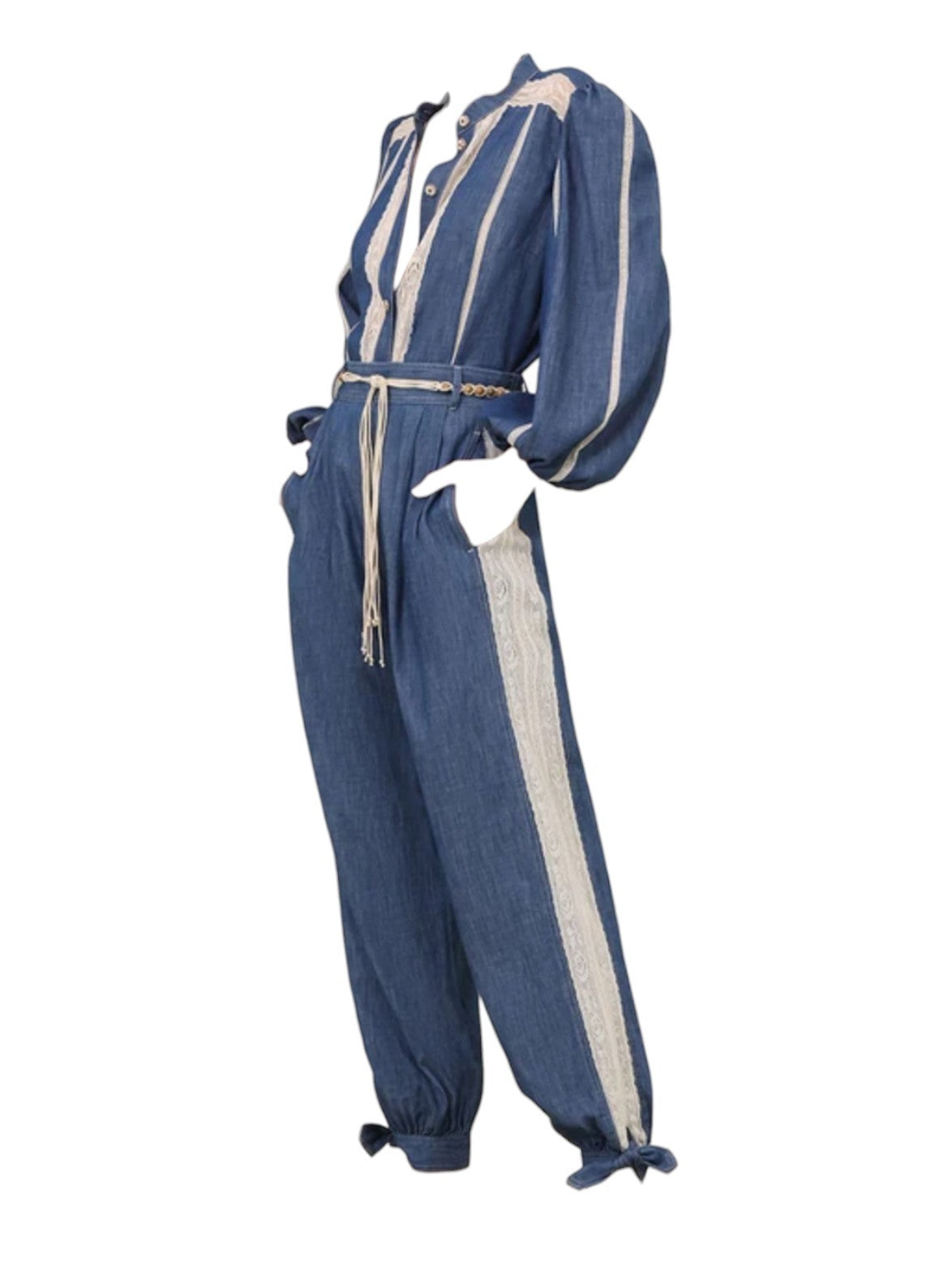 Zimmermann Awaken Denim Harem Pant | Lace Trim, Blue, Elastic Waist, Ankle Tie