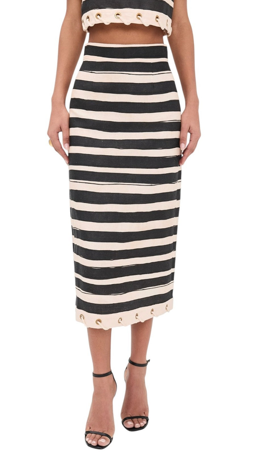 Zimmermann Rebellion Stripe Skirt | Midi, High Waist, Pencil, Black & White