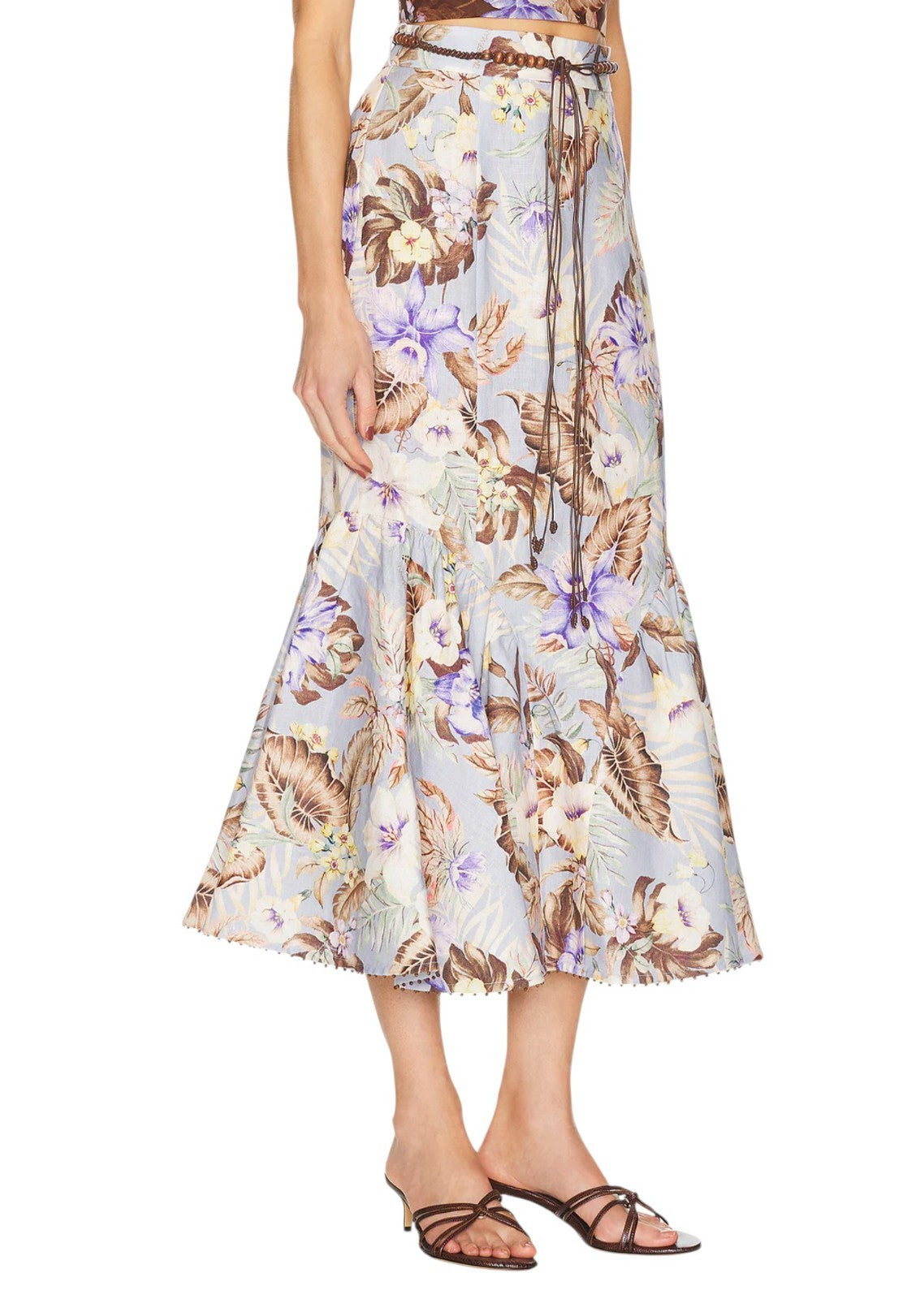 Zimmermann Coco Fit + Flare Midi Skirt | Powder Blue/Brown Floral, Belt, Linen