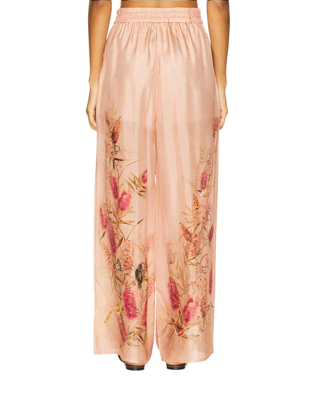 Zimmermann Cascadian Relaxed Wide Leg Pants | Pink Floral, 100% Silk, Drawstring