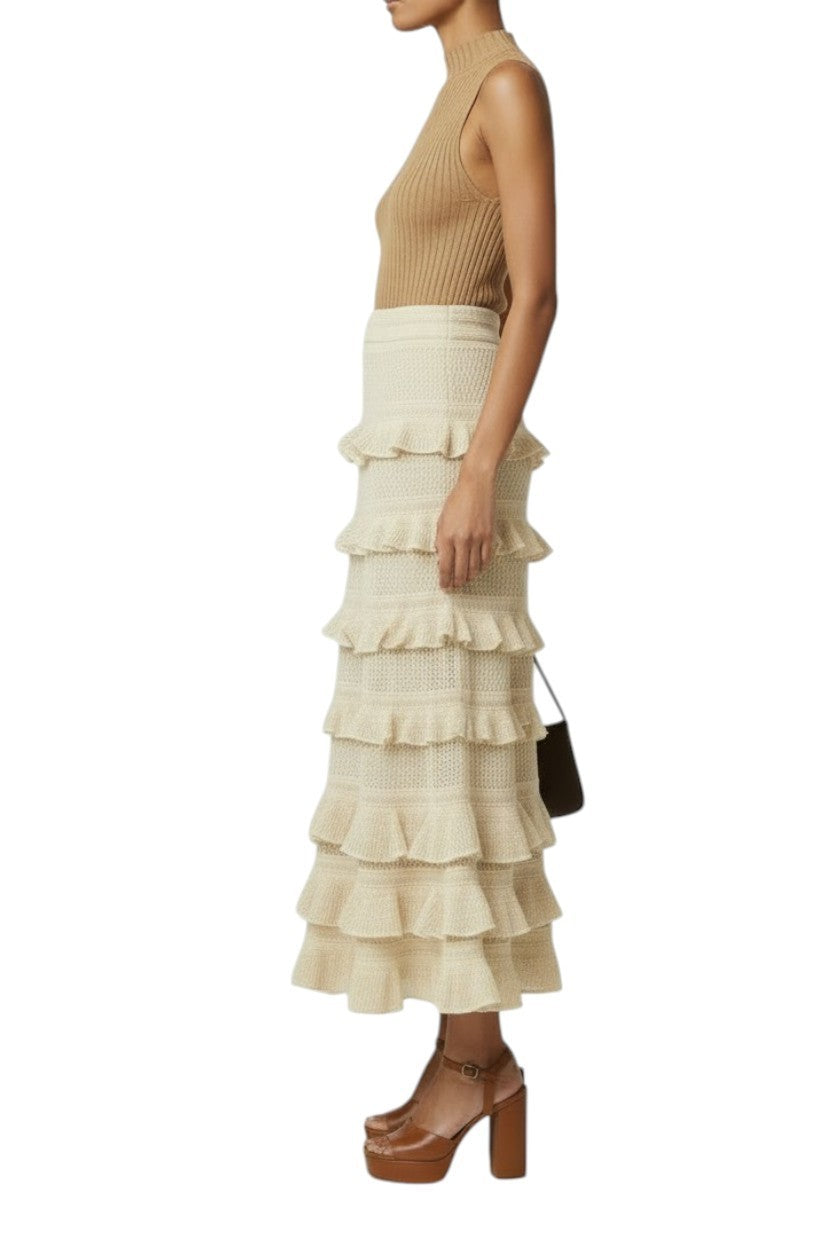 Zimmermann Hypnotic lace Midi Skirt | Midi, Metallic Gold, Tiered, Knit, Ruffle