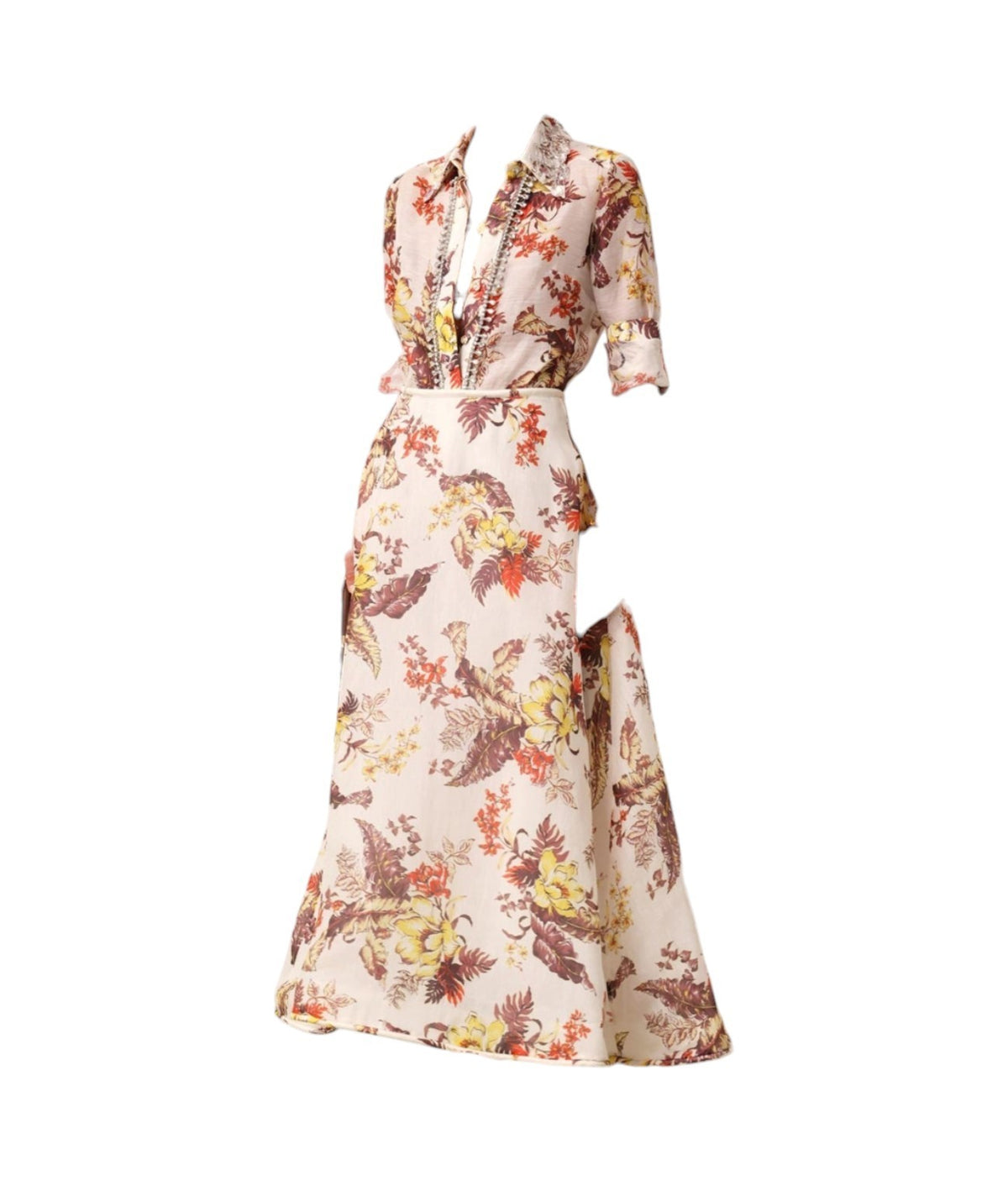 Zimmermann Matchmaker Floral Flare Skirt | White/Brown, Linen/Silk Blend, Midi