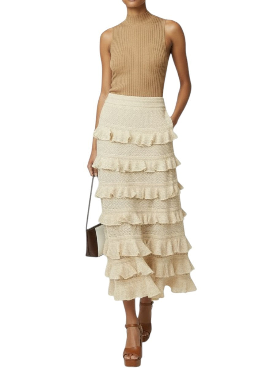 Zimmermann Hypnotic lace Midi Skirt | Midi, Metallic Gold, Tiered, Knit, Ruffle