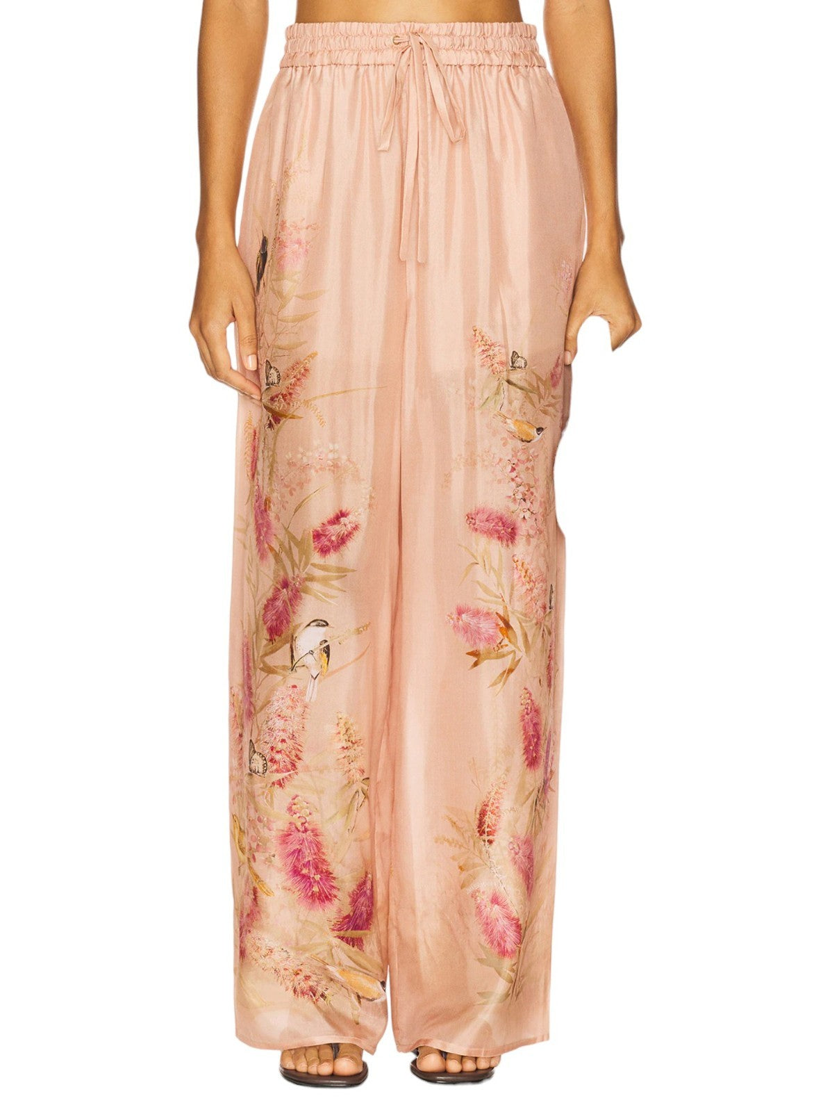 Zimmermann Cascadian Relaxed Wide Leg Pants | Pink Floral, 100% Silk, Drawstring