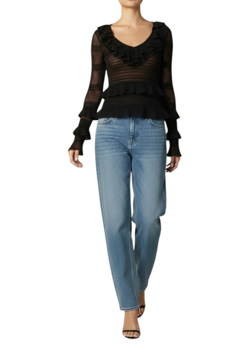 Zimmermann Crush Frilled V Neck Top |  Black, Long Sleeves, Sheer, Ruffles