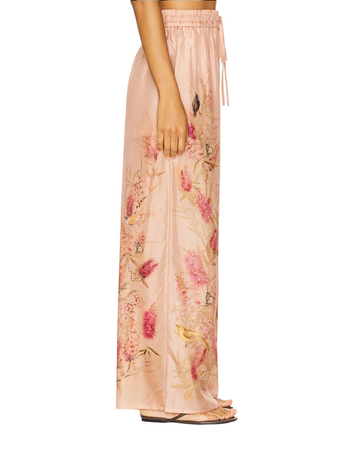 Zimmermann Cascadian Relaxed Wide Leg Pants | Pink Floral, 100% Silk, Drawstring