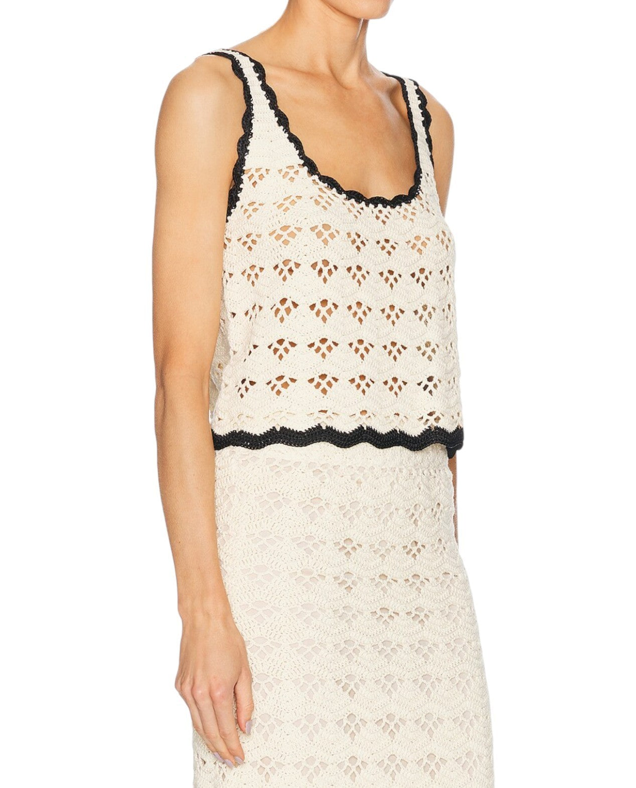 Zimmermann Rhiannon Crochet Tank Top | Cream/Black Trim, Cropped, Cotton Singlet