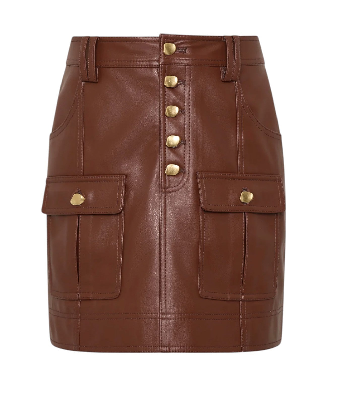 Aje. Sarina Mini Skirt | Sz 10, Vegan Leather, Toffee Brown/Tan, Gold Buttons
