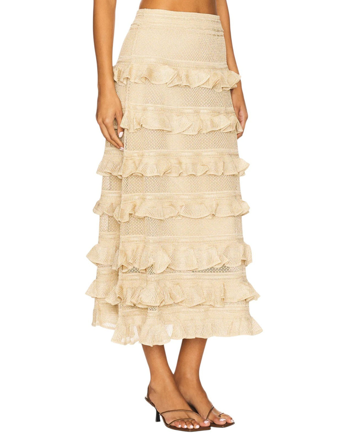 Zimmermann Hypnotic lace Midi Skirt | Midi, Metallic Gold, Tiered, Knit, Ruffle