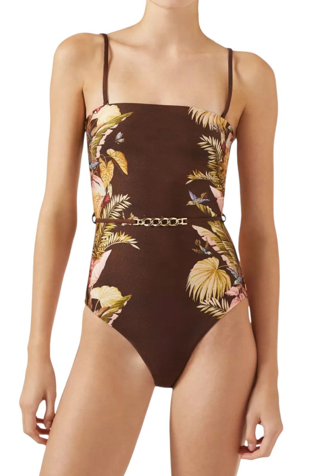 Zimmermann Ascension Bandeau One Piece | Burgundy / Brown Floral, Full Coverage
