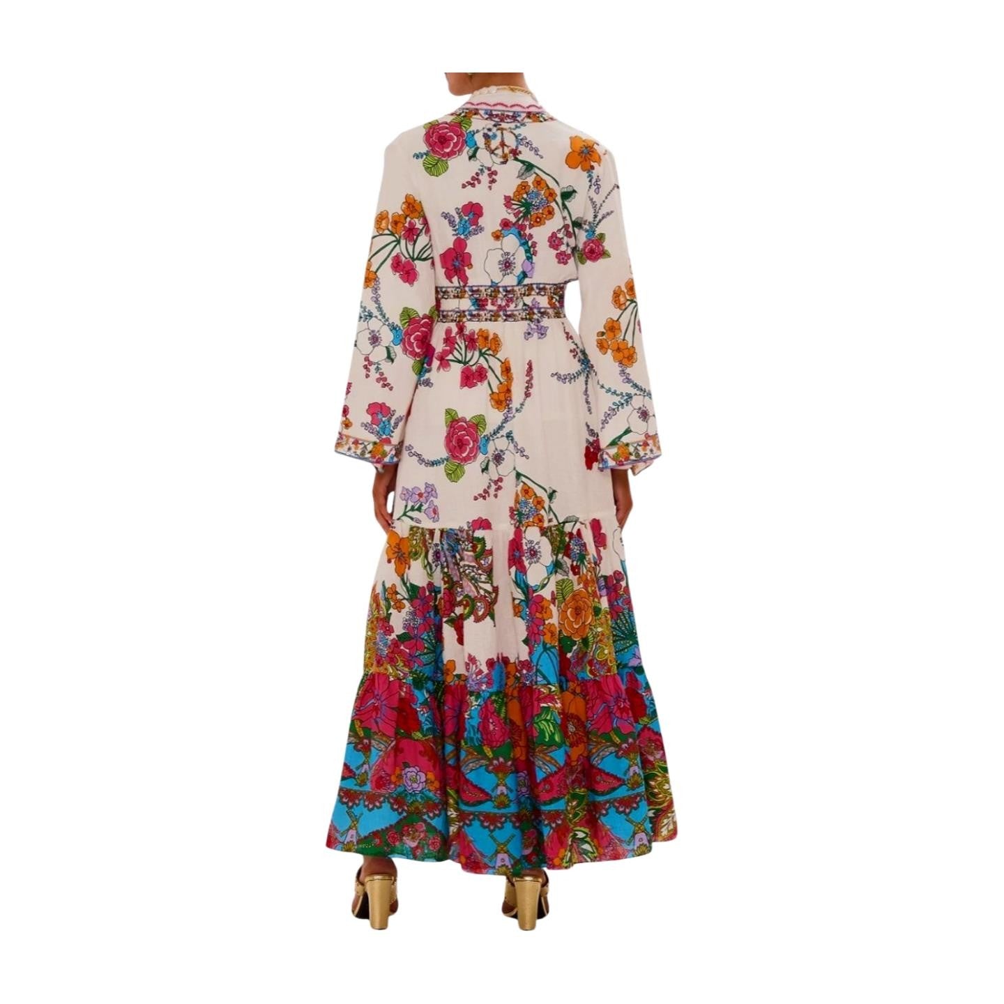 Camilla Dress w/ tiered skirt | Cosmic Prairie Floral, Maxi, White, Hand Made