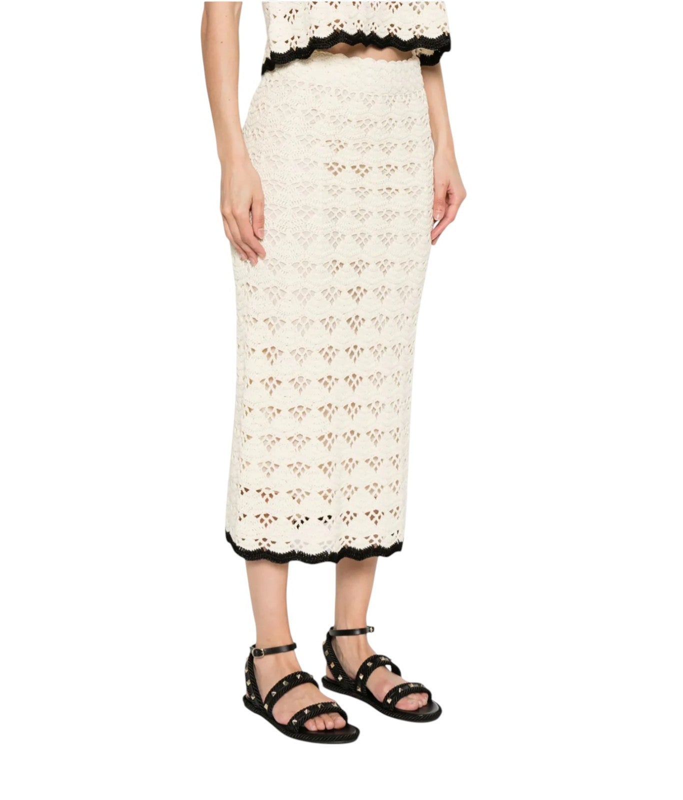 Zimmermann Rhiannon Crochet Midi Skirt |Cream/Black Trim, Stretch, Elastic Waist