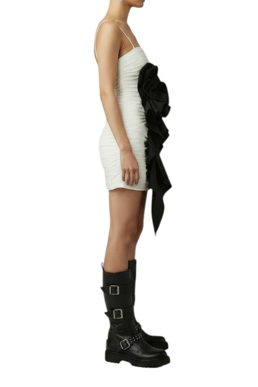 Aje Potion Spiral Mini dress |White/Black Large Flower, Ruched, Removable Straps