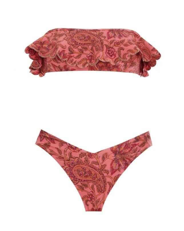 Zimmermann Edie Frill Bandeau Bikini Set | Frill Top, Peach Paisley, Low Rise