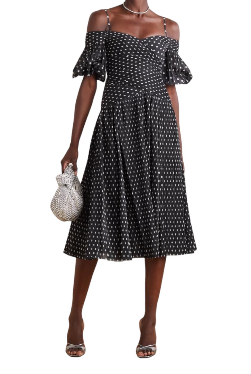 Zimmermann Pleated Midi Dress |Plisse, Black/White Spots, Polka Dot, Puff Sleeve