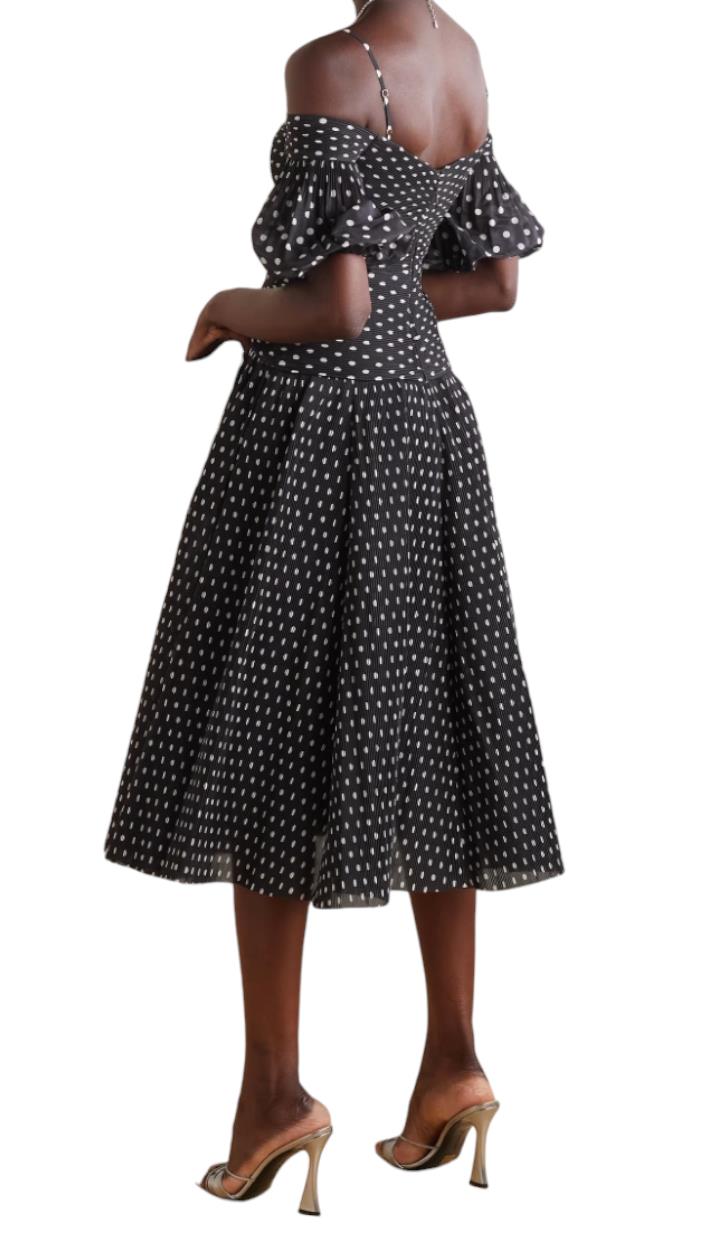 Zimmermann Pleated Midi Dress |Plisse, Black/White Spots, Polka Dot, Puff Sleeve