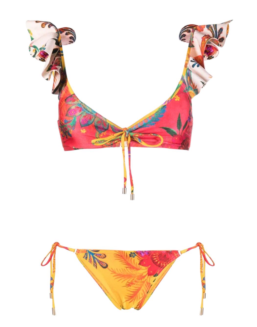 Zimmermann Ginger Frill Shoulder Bikini | Spliced, Floral, Ruffle, Tie Bottoms