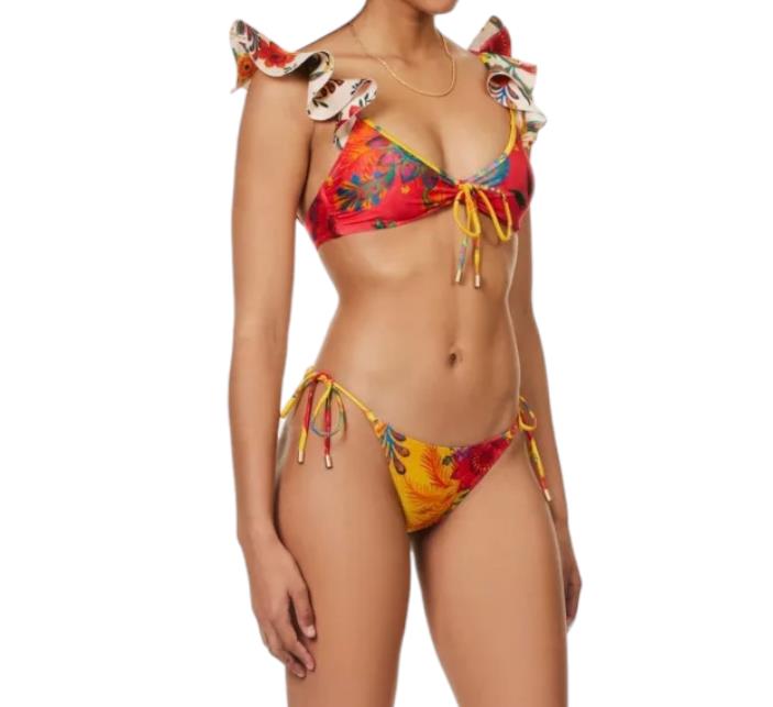 Zimmermann Ginger Frill Shoulder Bikini | Spliced, Floral, Ruffle, Tie Bottoms