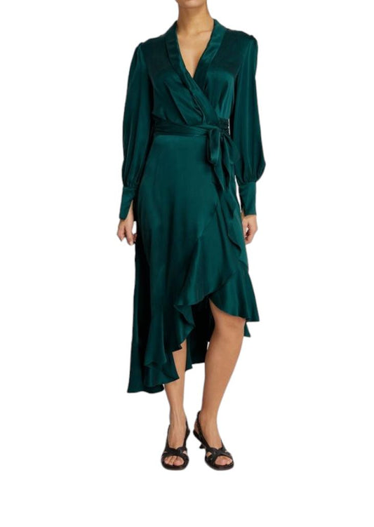 Zimmermann Silk Wrap Midi Dress | Dark Green, Silk, Cocktail, Dolman Sleeves