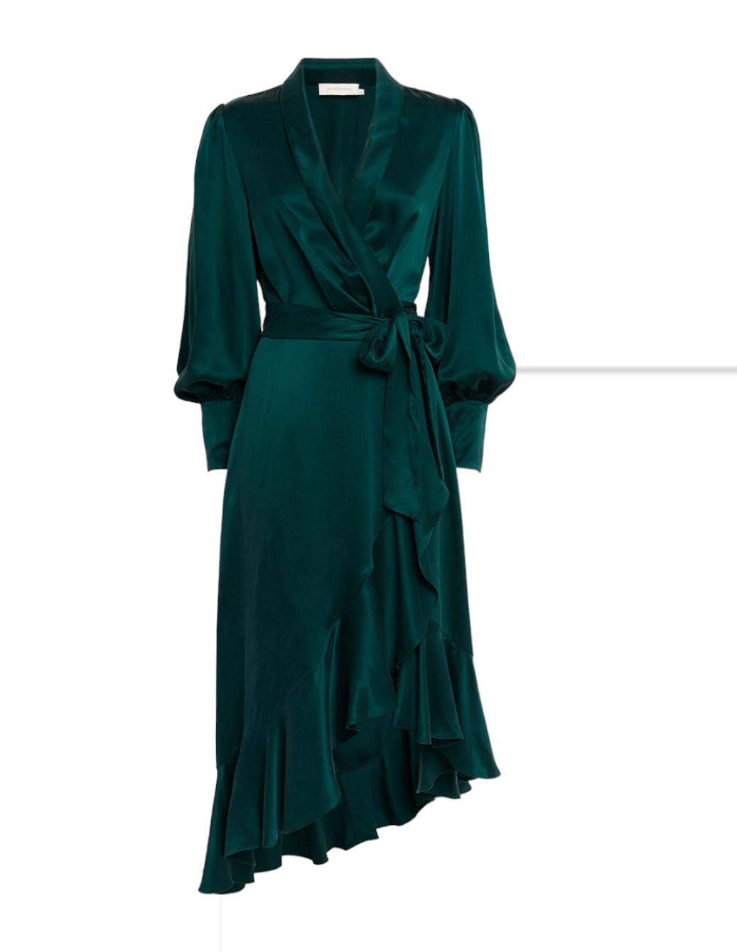 Zimmermann Silk Wrap Midi Dress | Dark Green, Silk, Cocktail, Dolman Sleeves