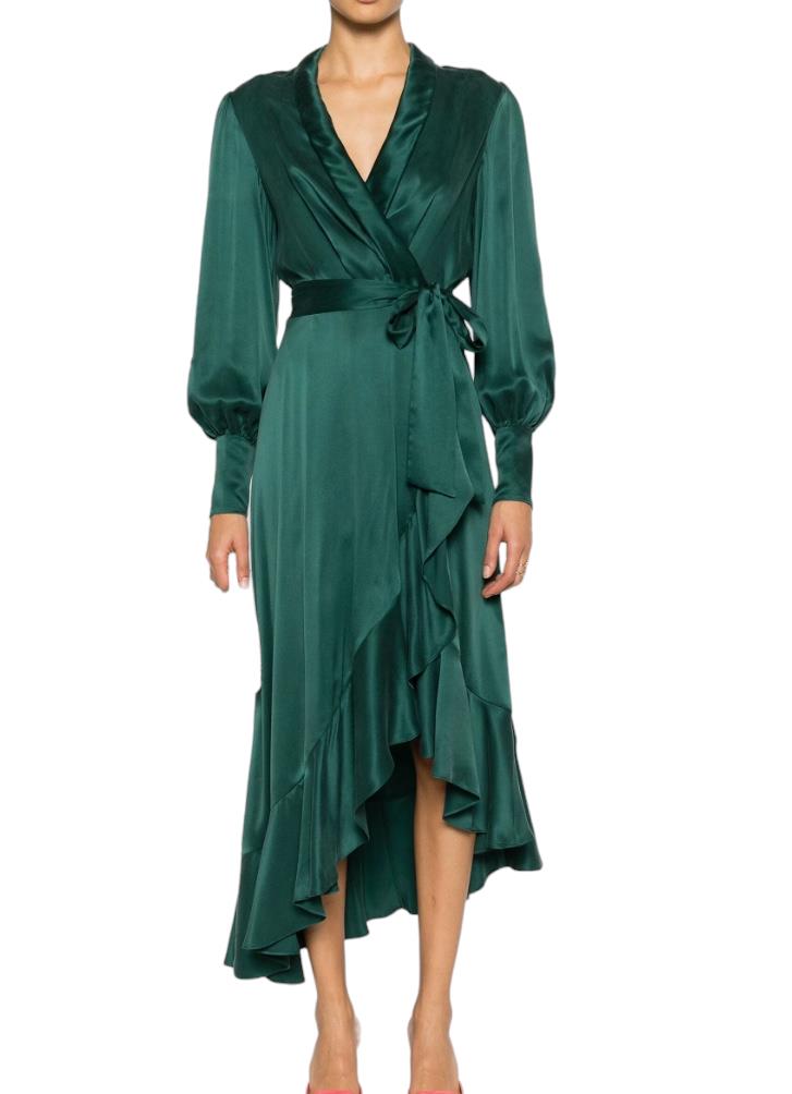 Zimmermann Silk Wrap Midi Dress | Dark Green, Silk, Cocktail, Dolman Sleeves