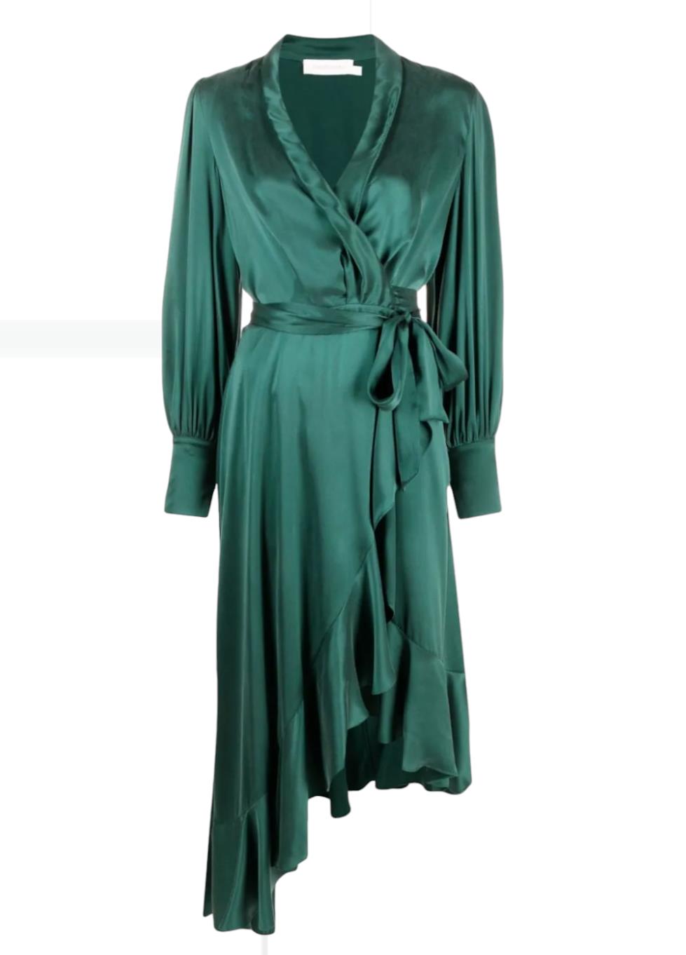 Zimmermann Silk Wrap Midi Dress | Dark Green, Silk, Cocktail, Dolman Sleeves