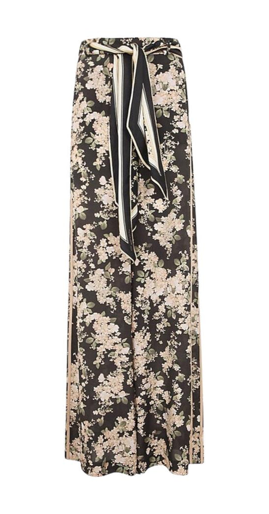 Zimmermann Wide Leg Pant | Black/Ivory Floral, silk, Scarf Belt, High Waisted
