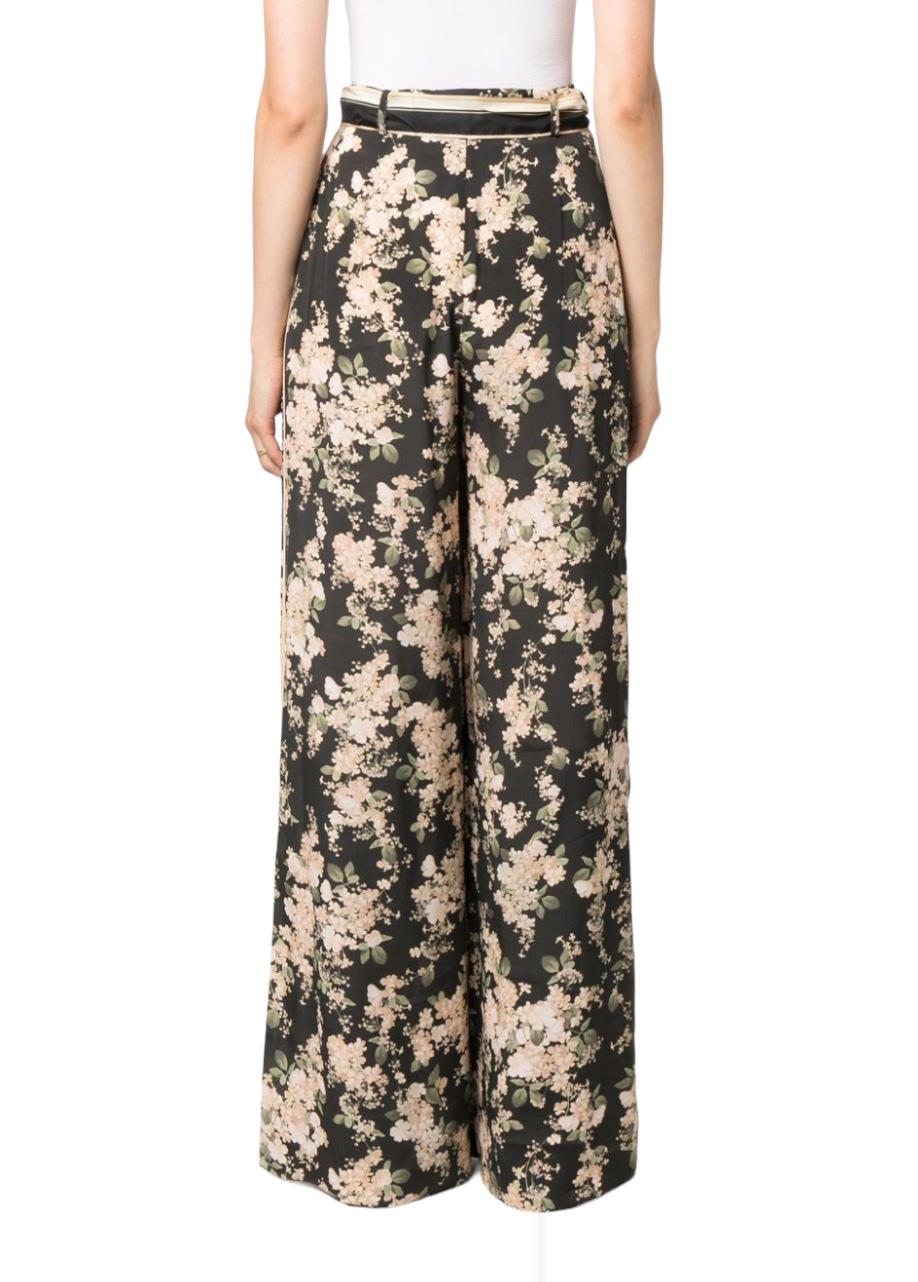 Zimmermann Wide Leg Pant | Black/Ivory Floral, silk, Scarf Belt, High Waisted