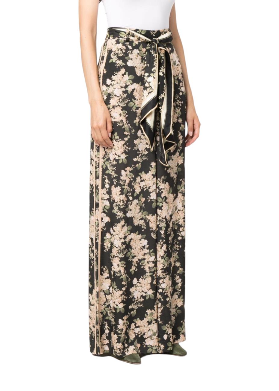 Zimmermann Wide Leg Pant | Black/Ivory Floral, silk, Scarf Belt, High Waisted