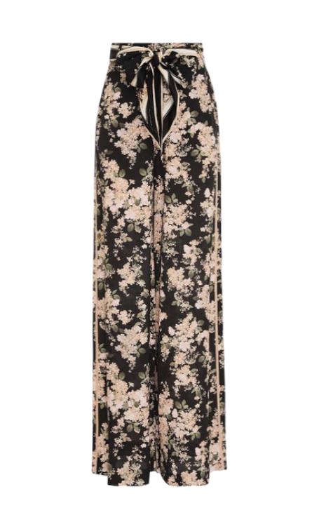 Zimmermann Wide Leg Pant | Black/Ivory Floral, silk, Scarf Belt, High Waisted