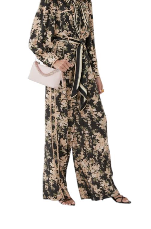 Zimmermann Wide Leg Pant | Black/Ivory Floral, silk, Scarf Belt, High Waisted