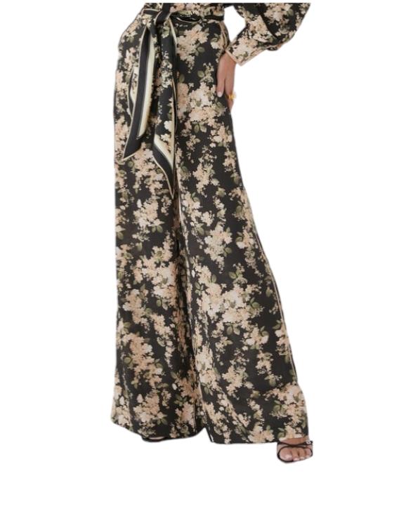 Zimmermann Wide Leg Pant | Black/Ivory Floral, silk, Scarf Belt, High Waisted