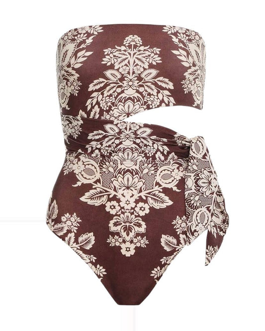 Zimmermann Seperates Scarf Tie One Piece |Chocolate Brown/Cream, Bandeau, CutOut