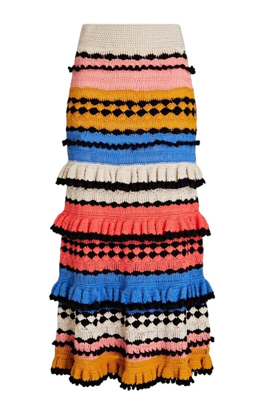 Zimmermann Tiggy Frill Tiered Skirt | Crochet, Navy Multi, Colourful, Stretch