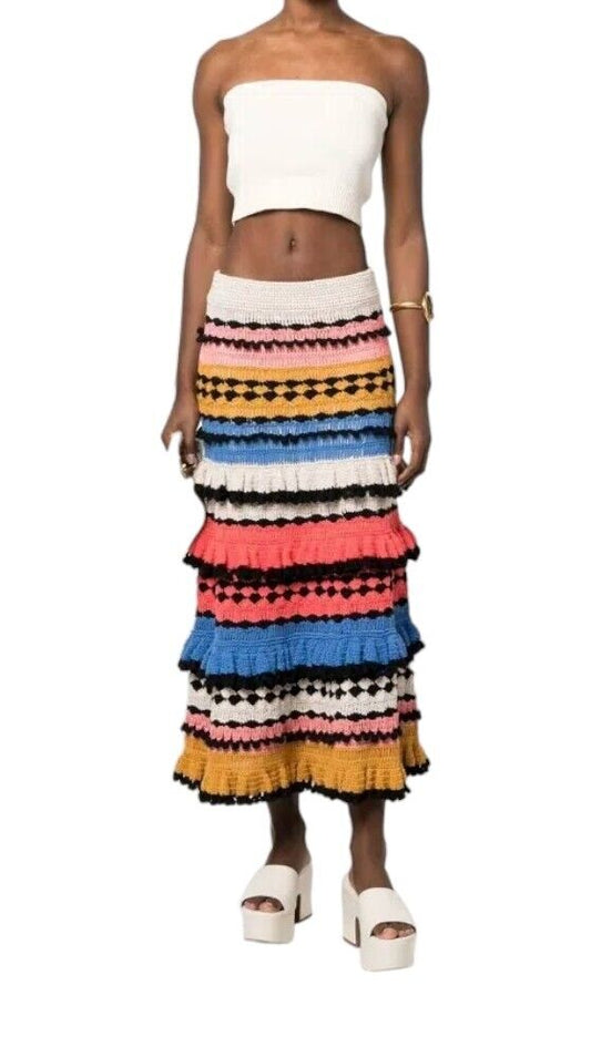 Zimmermann Tiggy Frill Tiered Skirt | Crochet, Navy Multi, Colourful, Stretch