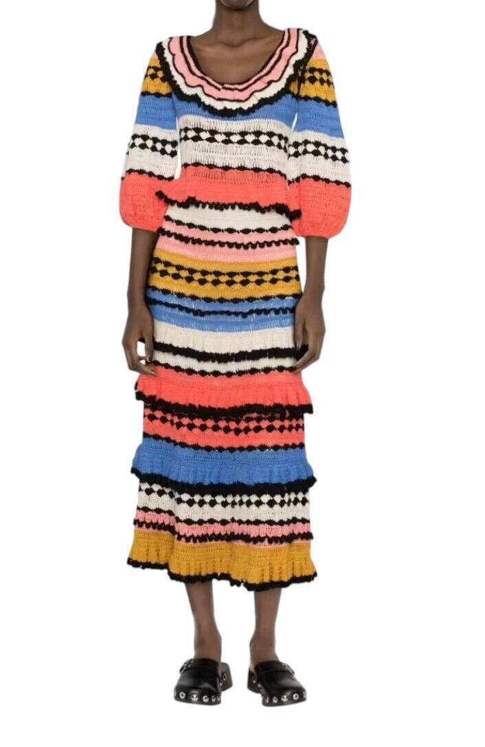 Zimmermann Tiggy Frill Tiered Skirt | Crochet, Navy Multi, Colourful, Stretch