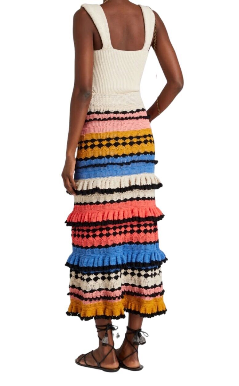 Zimmermann Tiggy Frill Tiered Skirt | Crochet, Navy Multi, Colourful, Stretch