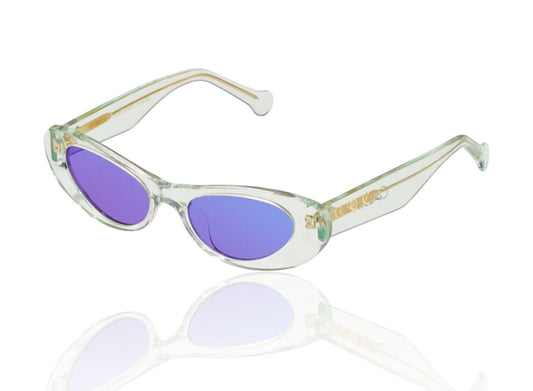 Camilla Champagne & Caviar Sunglasses |  Cats Eye, Hand-Made, Blue Mirror, Clear