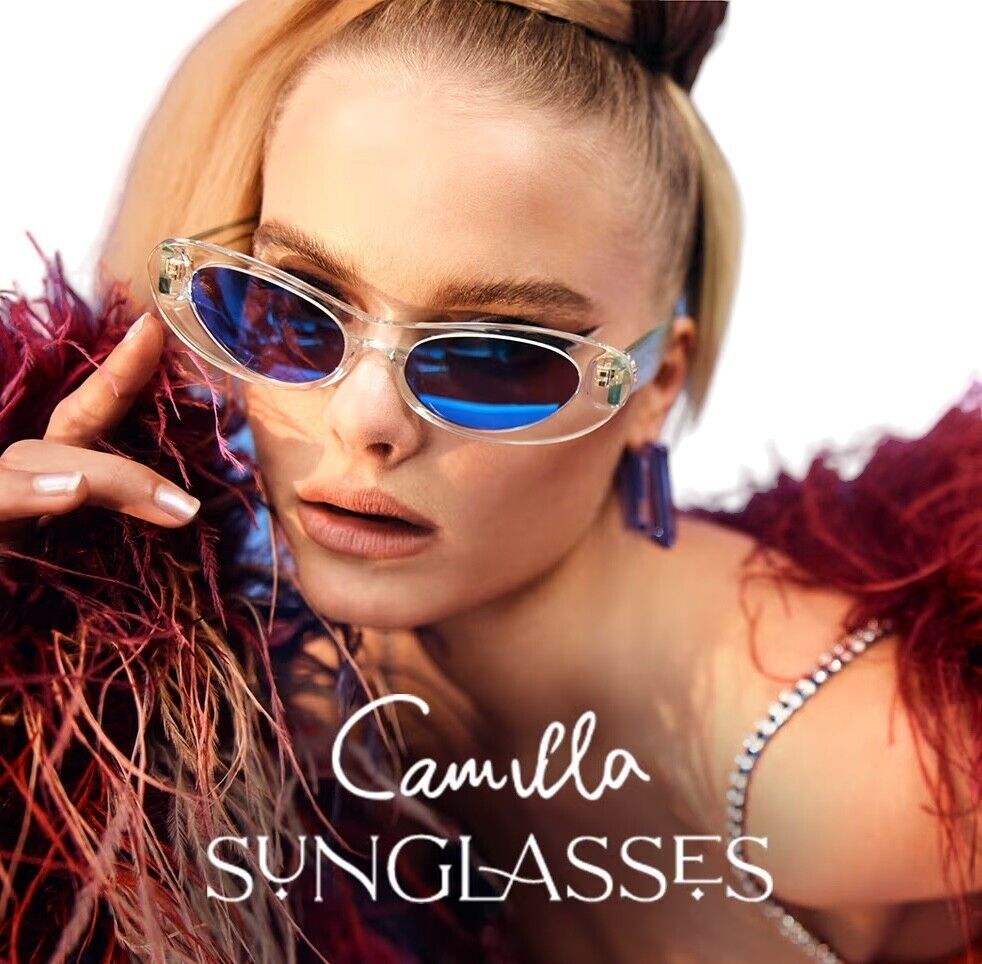 Camilla Champagne & Caviar Sunglasses |  Cats Eye, Hand-Made, Blue Mirror, Clear