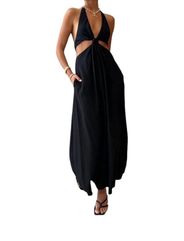 Camilla and Marc Prado Halter Dress | Black, Cutout, Maxi, Knot Detail, Rayon