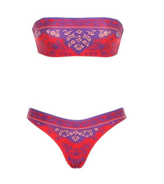 Zimmermann Raie Placement Bandeau Bikini | Red/Purple Paisley, High Cut/Low Rise